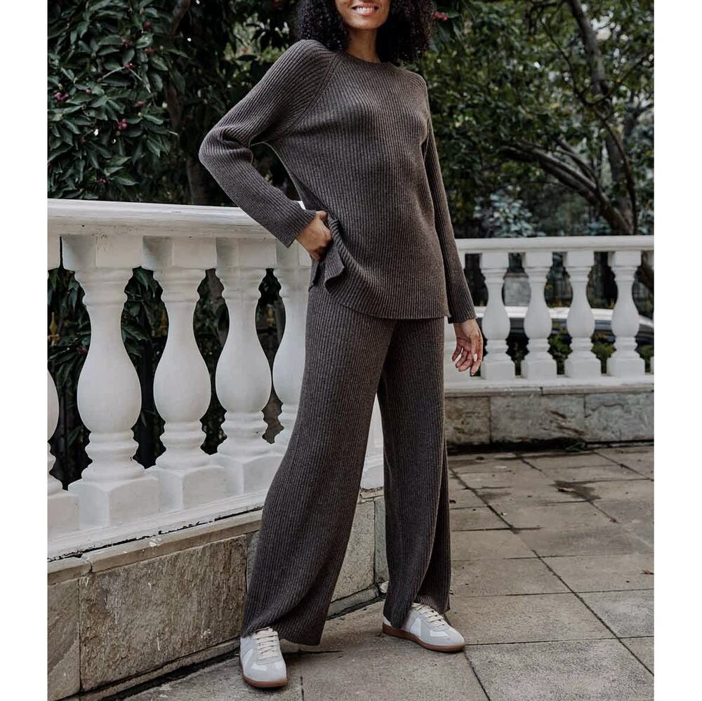 FULL SET NAP Loungewear Leisure Rib-Knit Set 100% Cashmere Charcoal Gray SZ S